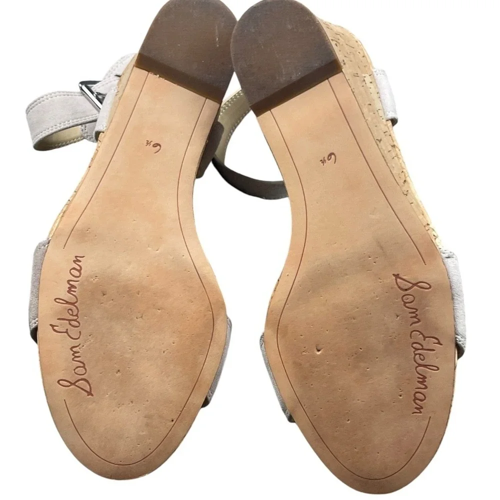 Sam Edelman Women Light Gray Suede Cork Wedge Sandals Size 6.5 Ankle Strap Shoes